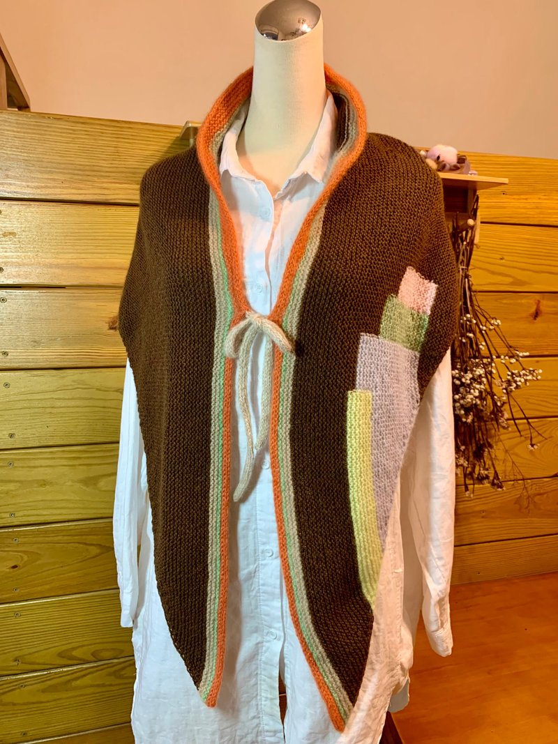 大版綁帶多色三角披肩。義大利100%克什米爾線材。深咖/橘/藍/綠/ - 圍巾/披肩 - 羊毛 