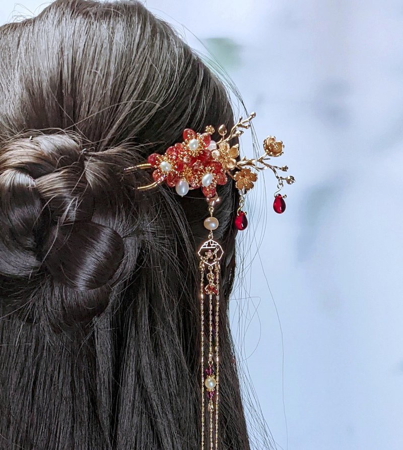 Lemon hand-made hair accessories Czech etched gold Siamese red hairpin (tassels - เครื่องประดับผม - กระจกลาย สีแดง