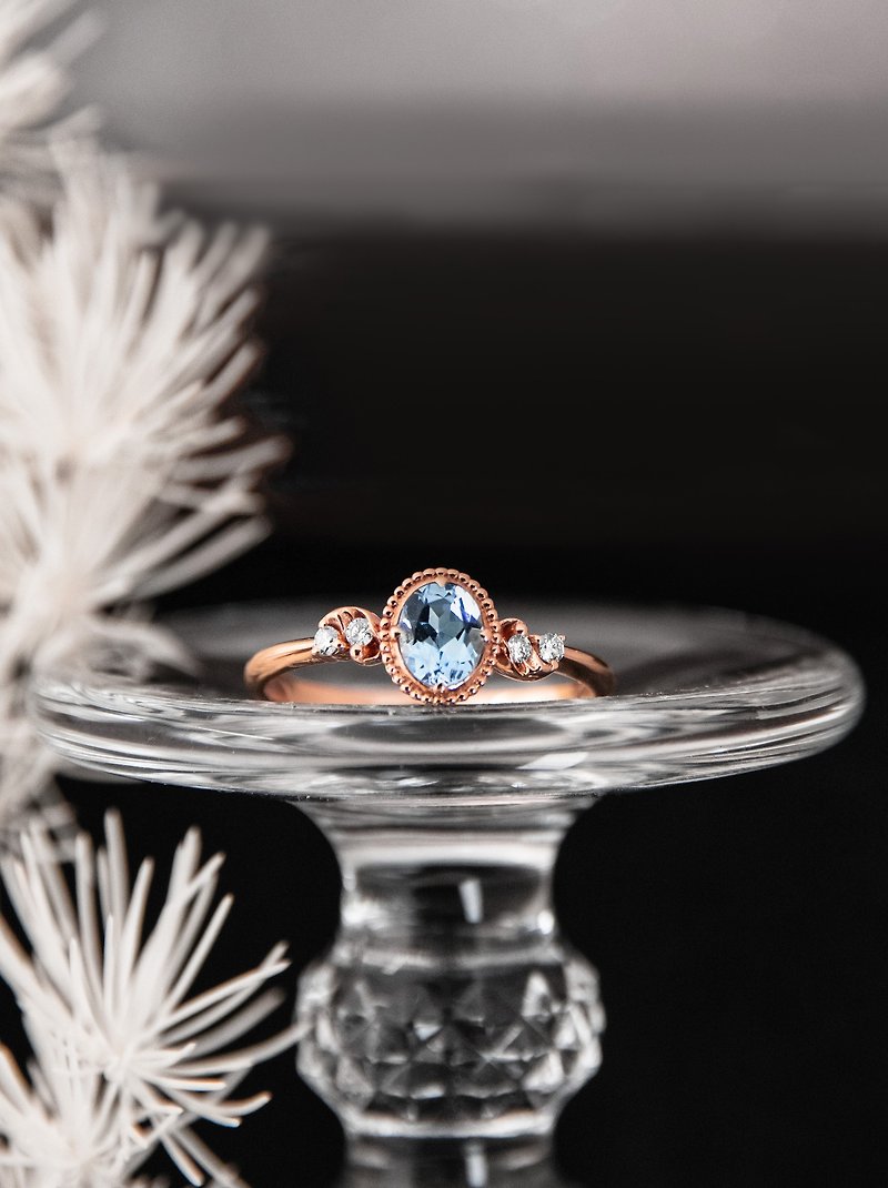 Saint Mary's Blue Aquamarine Romantic Curly Leaf Dot Rose Gold 14K Gold Ring - General Rings - Gemstone Blue
