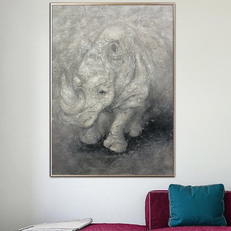 Huge Rhinoceros Painting Animal Wall Grey Art Large Original Acrylic Painting - 壁貼/牆壁裝飾 - 壓克力 灰色