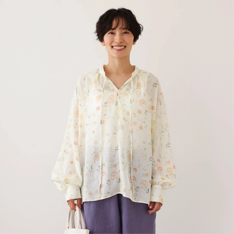 涼しげでおしゃれ ! 夏の日焼けとめブラウス　長袖プリントブラウス　テンセル リネン　250713-1 - 女襯衫 - 棉．麻 