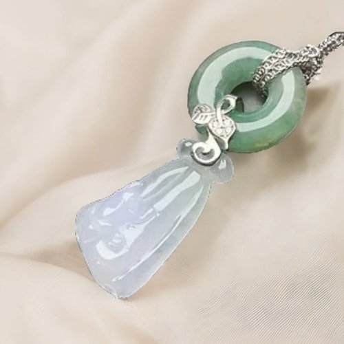 瓔珞珠寶盒 E.L.Jewelry Box 冰糯蓮蓬青蛙飄綠花平安扣翡翠925純銀項鍊 | 天然緬甸玉翡翠A貨