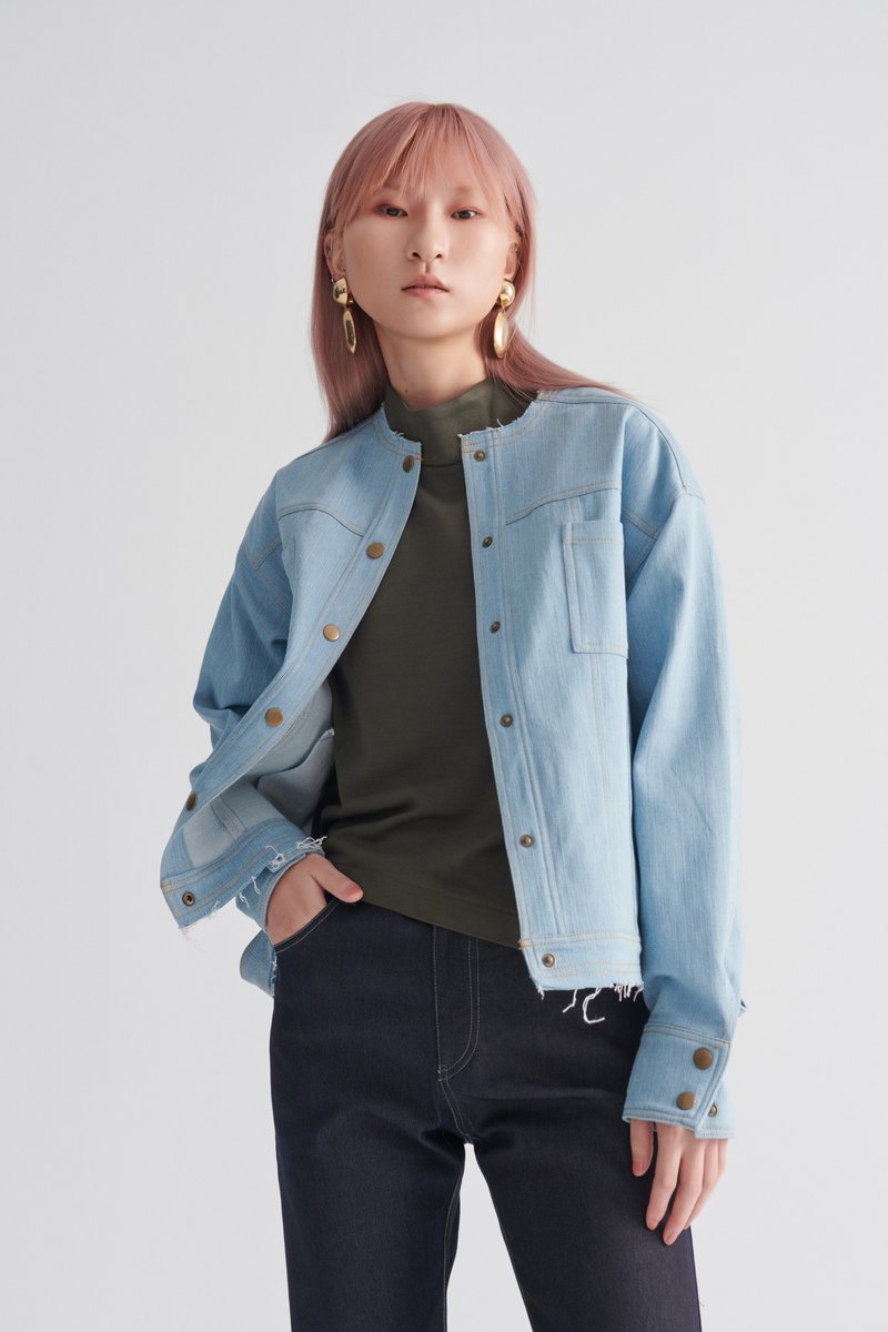 Shan Yong Crew Neck Drop Shoulder Faux Cut Snap Button Jacket - เสื้อแจ็คเก็ต - ผ้าฝ้าย/ผ้าลินิน 