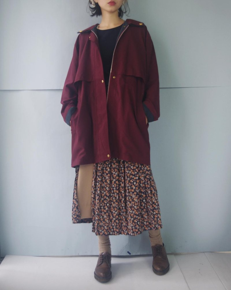 Treasure Hunt Vintage - Vintage Burgundy Collar Trench Coat - Women's Blazers & Trench Coats - Polyester Red