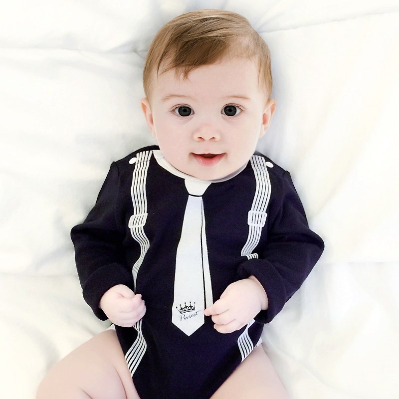 PUREST Little Gentleman's Tie Black Long Sleeve Baby Newborn Fart Jumpsuit - ชุดทั้งตัว - ผ้าฝ้าย/ผ้าลินิน สีดำ