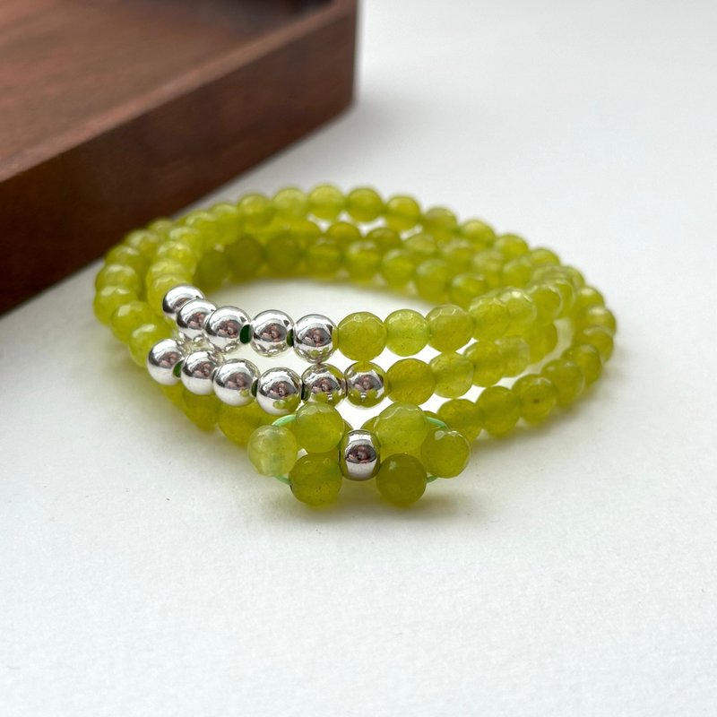 [Three Rings] Cut Corner Stone Simple Silver Three Ring Bracelet Small Bow Olive Green Forest Color - Bracelets - Stone Green