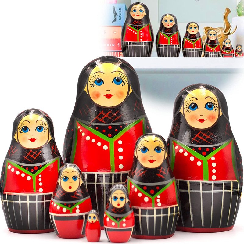 Russian Matryoshka Dolls 7 pcs - Baboushka Nesting Dolls in Folk Danish Costume - Kids' Toys - Wood 