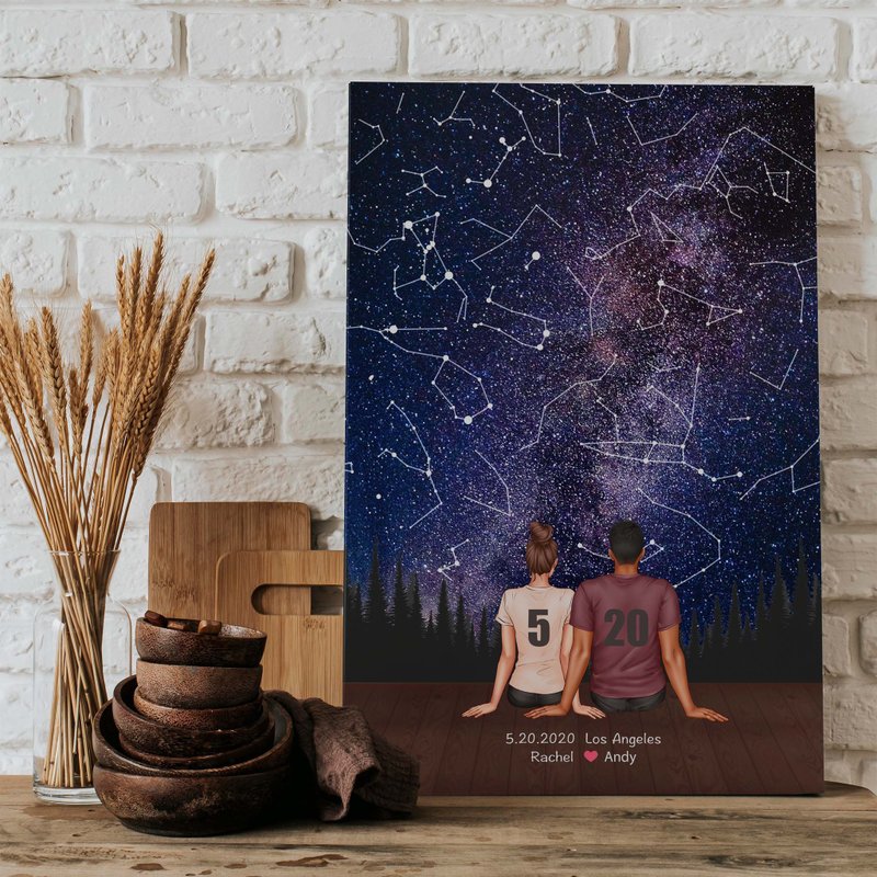 Custom Star Map By Date And Location Night Sky Chart Couple Art Drawing Canvas - Customized Portraits - Cotton & Hemp Purple