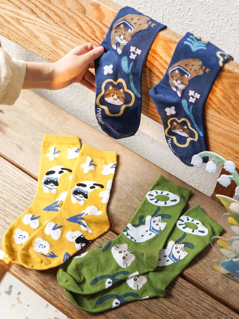 MEWJI妙吉原創日系貓咪中筒襪一套3雙可愛提花春夏棉襪女送人禮物 - 襪子 - 棉．麻 