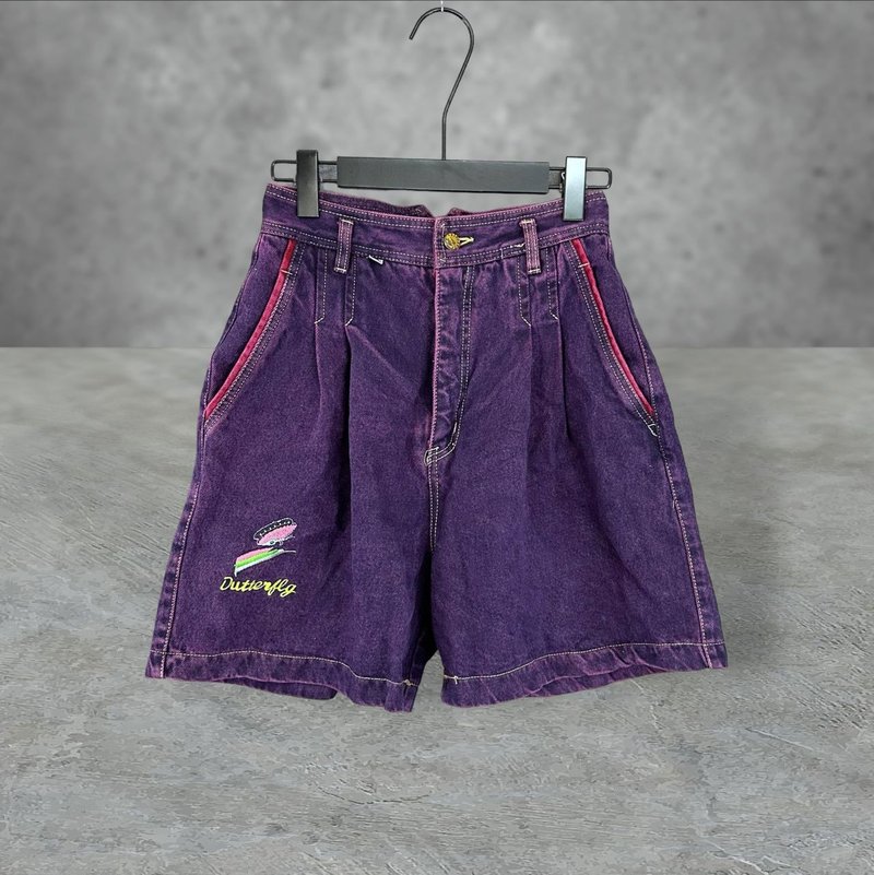 Used Purple Denim Denim Embroidered Pocket Umbrella High Waist 26 Shorts PF515 - กางเกงขาสั้น - เส้นใยสังเคราะห์ สีม่วง