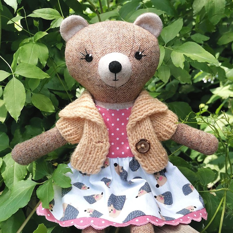 Brown bear girl, handmade plush toy, stuffed teddy bear doll - 玩偶/公仔 - 羊毛 多色