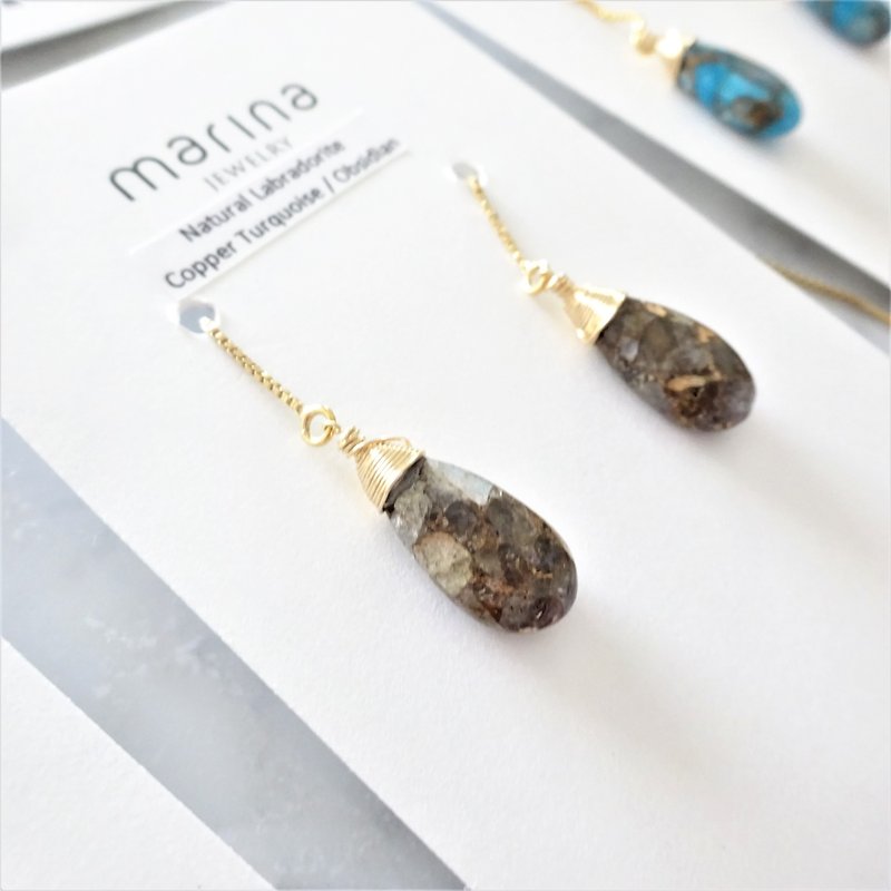 14kgf*Natural Labradorite Copper Turquoise Obsidian American pierced earring 耳針式 - ピアス・イヤリング - 宝石 グレー
