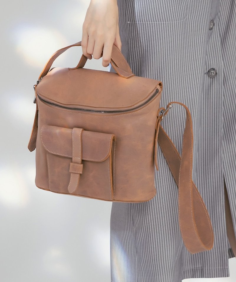 Open smile design leather tubular medium shoulder bag - dry wild rose - Messenger Bags & Sling Bags - Genuine Leather Red