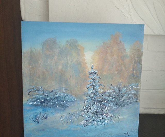 冬の風景オリジナルアート雪油絵壁アート冬の森晴れた日 - ショップ
