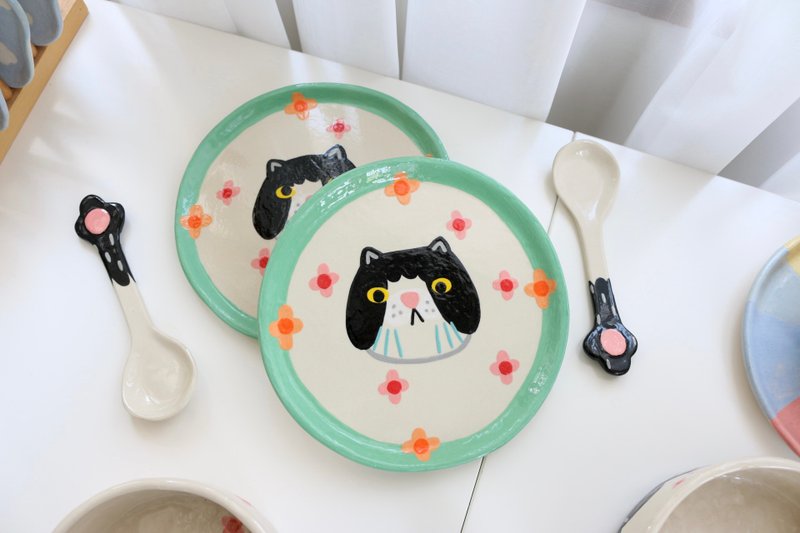 Cat Plate with Spoon - 盤子/餐盤/盤架 - 陶 黑色