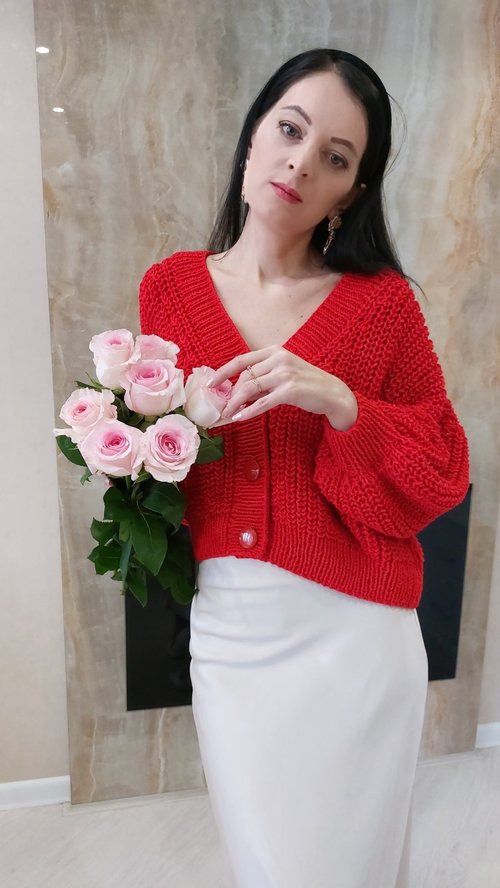 赤いニットブラウスクロップドカーディガンボタン付きセーターコットン