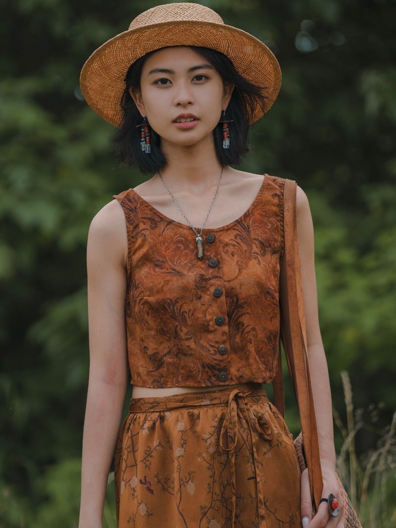 綻放 印花緞面真絲香雲紗背心胸衣 - 背心/無袖上衣 - 絲．絹 咖啡色