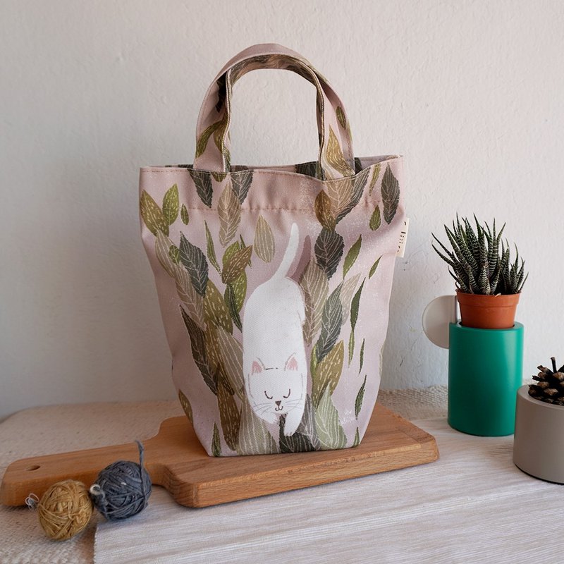 Lunch  bag with white cat - 手提包/手提袋 - 棉．麻 卡其色