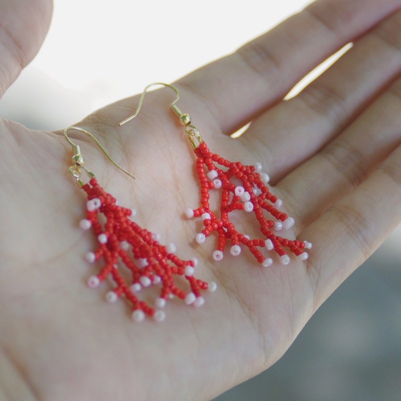 Beaded Coral Earrings | Coral Collection | Red Pink Coral | Gifts - ต่างหู - วัสดุอื่นๆ สีแดง