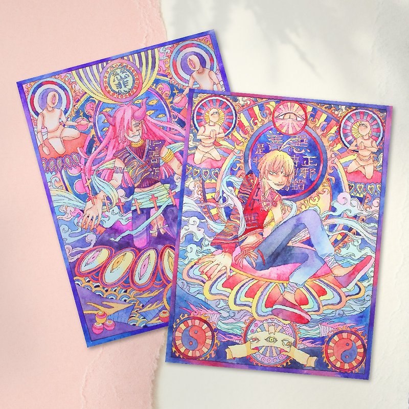 タンカ手描き水彩ポストカード2枚 - カード・はがき - 紙 多色