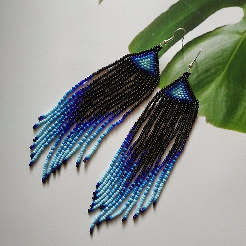 White Bird gallery of exquisite jewelry from Halyna Nalyvaiko Blue beaded earrings Red beaded fringe earrings Extra long gradient earrings