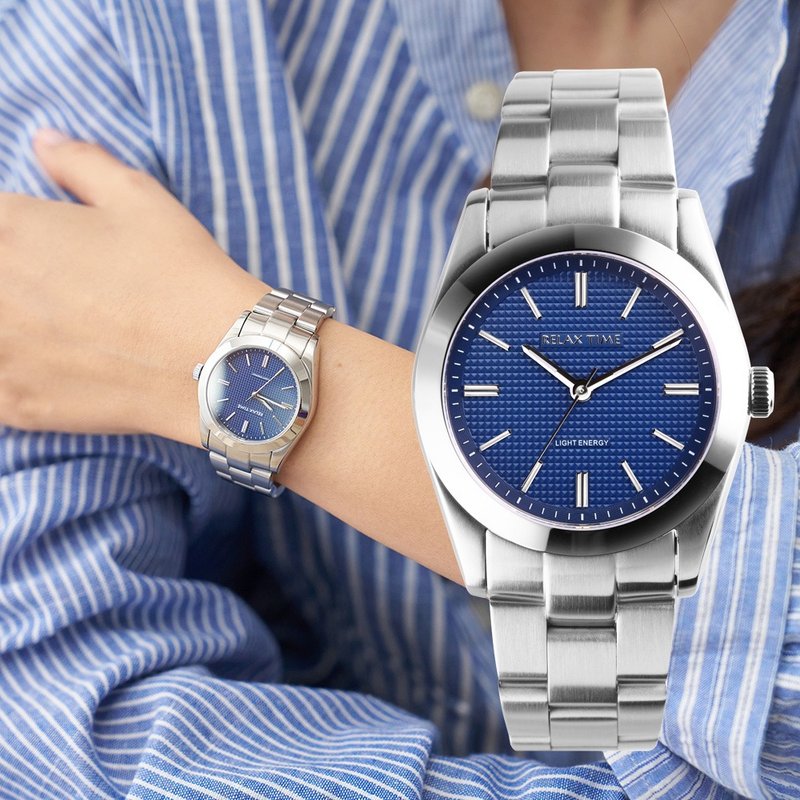 Relax time solar classic three-dimensional plaid women's watch-blue (RT-105S-3L) 34mm - นาฬิกาผู้หญิง - สแตนเลส สีน้ำเงิน