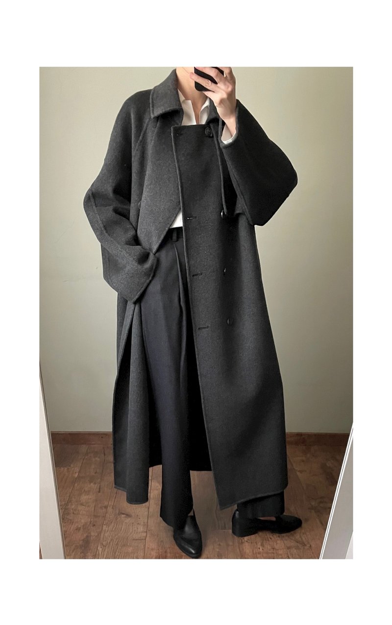 Charcoal hand-stitched double-breasted double-layer cashmere long coat - เสื้อแจ็คเก็ต - ขนแกะ 