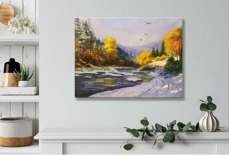 Landscape Painting Mountain River Original Art Canvas Winter Nature Art - ตกแต่งผนัง - วัสดุอื่นๆ สีเหลือง