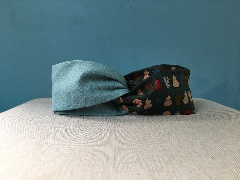 Shuangpin headband / green gourd-lake blue - Headbands - Cotton & Hemp Blue
