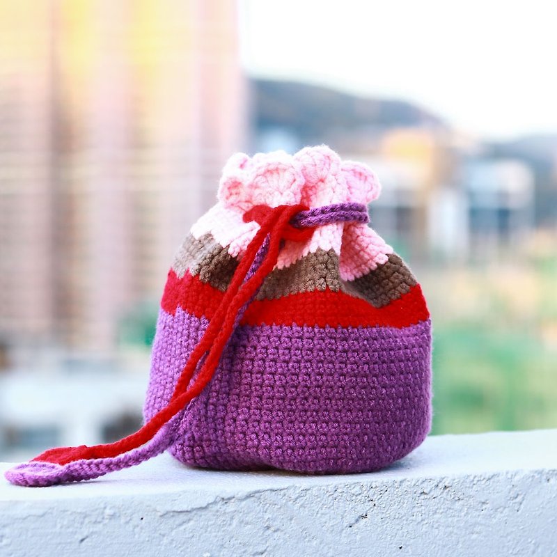 Handmade crochet drawstring bag – purple pink lace - กระเป๋าหูรูด - ผ้าฝ้าย/ผ้าลินิน สีม่วง