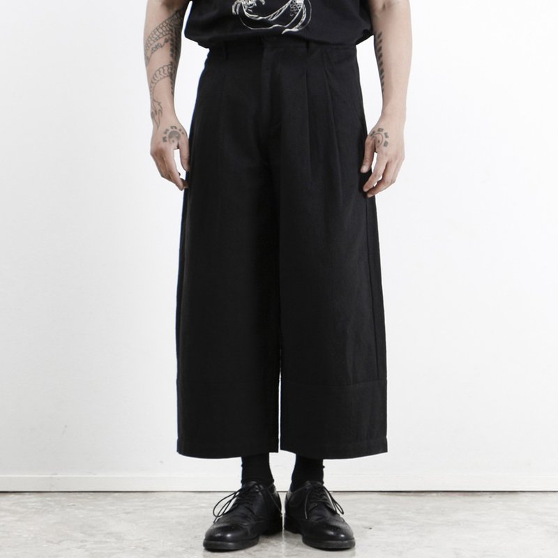 Japanese dark retro stitching cotton and Linen men's loose straight tooling casual wide-leg trousers - กางเกงขายาว - ผ้าฝ้าย/ผ้าลินิน สีดำ