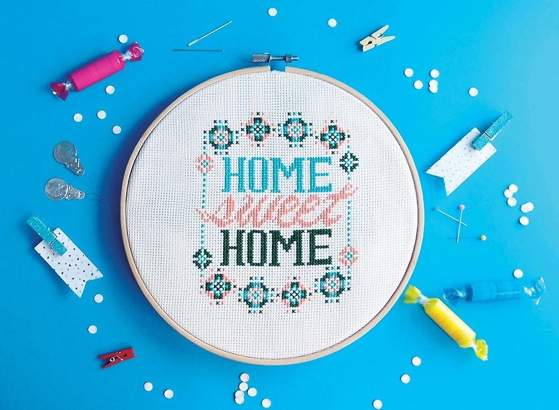 Cross Stitch KIT - Modern Home Sweet Home KIT - Knitting, Embroidery, Felted Wool & Sewing - Thread Blue