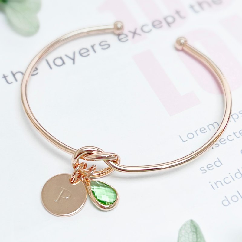 【Customize】Tie the knot bangle with alphabet and gemstone - Bracelets - Other Metals 