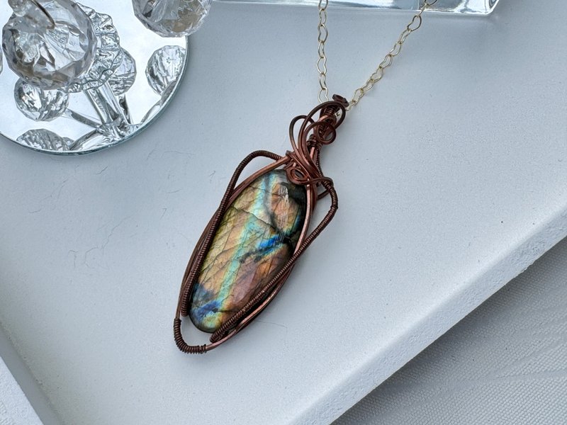 230623 wire wrapping 拉長石 銅線 繞線 吊墮 - 項鍊 - 銅/黃銅 綠色