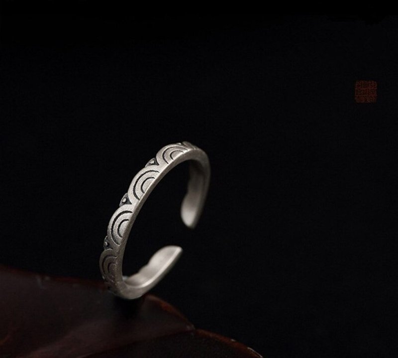 S 925 Sterling Silver Engraved Clouds Jewelry Women Vintage Dress Rings Handmade - 戒指 - 銀 銀色
