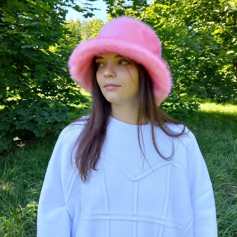 Pink bucket hat made of faux fur. Cute fuzzy bucket hats. Fluffy pink hat. - Hats & Caps - Other Materials Pink