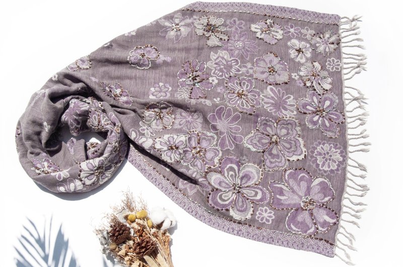 Cashmere/boiled wool shawl/knitted scarf/embroidered scarf/cashmere shawl-flower - Knit Scarves & Wraps - Wool Purple