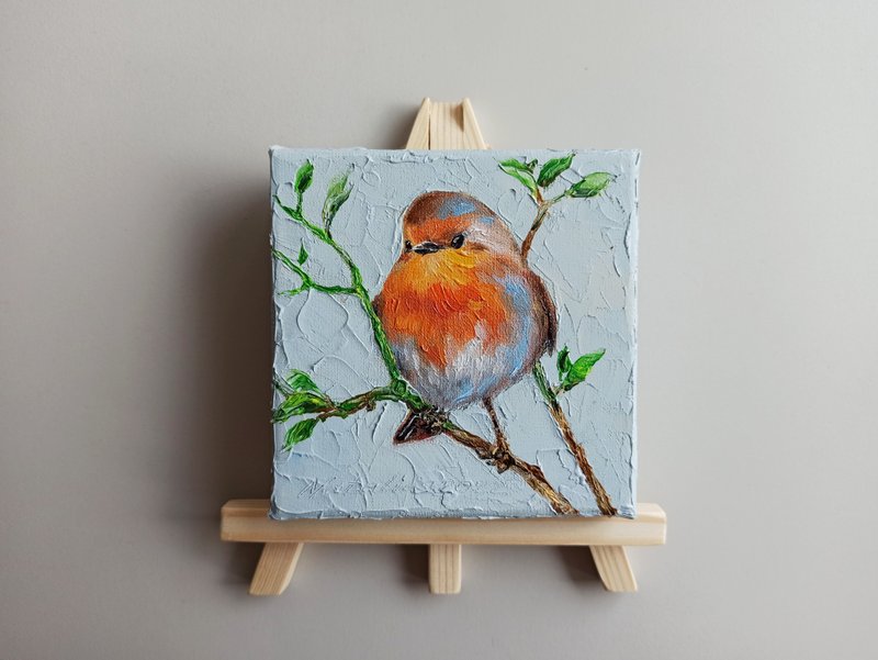 Spring robin mini oil painting on canvas with easel - unique decor and gift - ตกแต่งผนัง - ผ้าฝ้าย/ผ้าลินิน หลากหลายสี