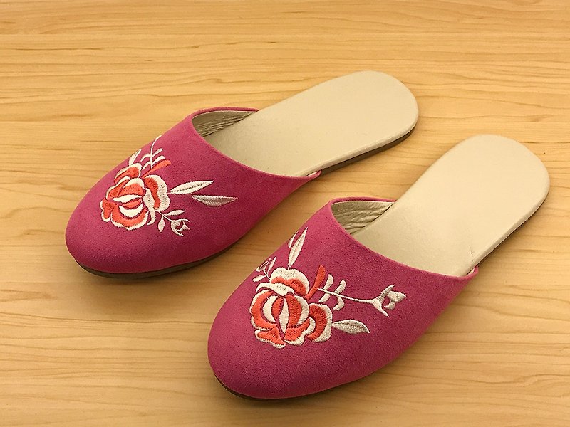 室內拖鞋- 玫瑰花(桃紅色) - 室內拖鞋 - 棉．麻 粉紅色