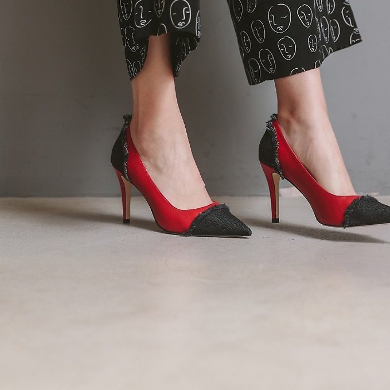 [Show products clear] partial denim stitching leather stiletto heels black denim red - รองเท้าส้นสูง - หนังแท้ สีแดง