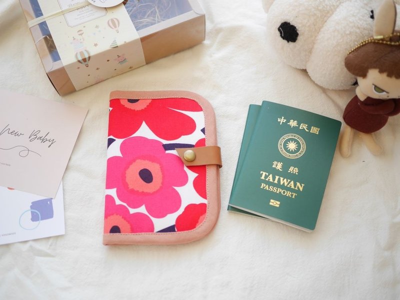 Passport cover, passport holder, universal cover, Finnish poppy flower style, red color - ที่เก็บพาสปอร์ต - ผ้าฝ้าย/ผ้าลินิน สีทอง