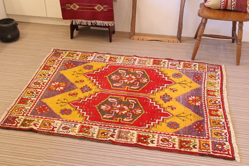 Wool & Cashmere Handmade Rug Handwoven Carpet Antique 150 × 108cm - Blankets & Throws - Other Materials Orange