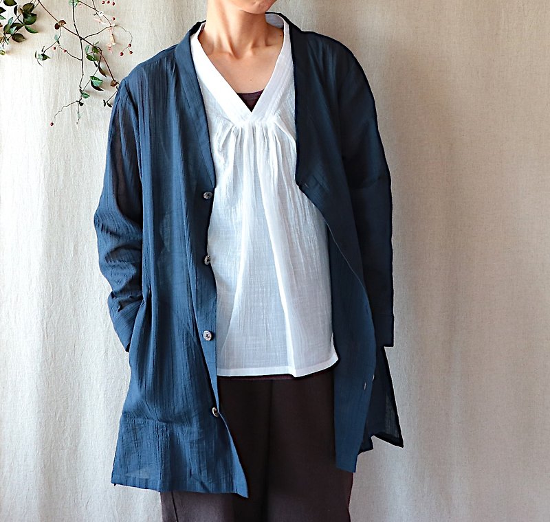 Long shirt coat / wrinkle processing / navy blue / cotton / ladies L