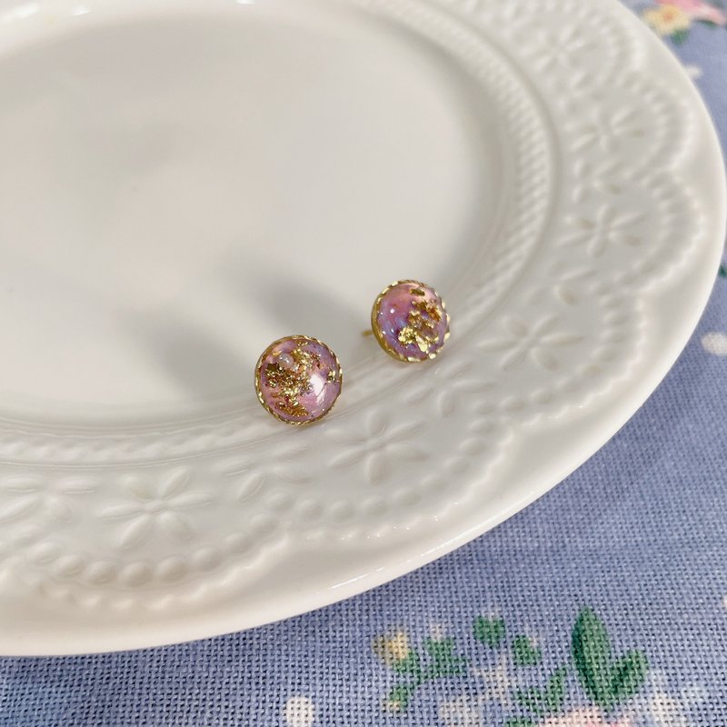 金色框紫色圓形日本樹脂UV膠金箔手工耳環 - 耳環/耳夾/耳骨夾 - 其他材質 紫色