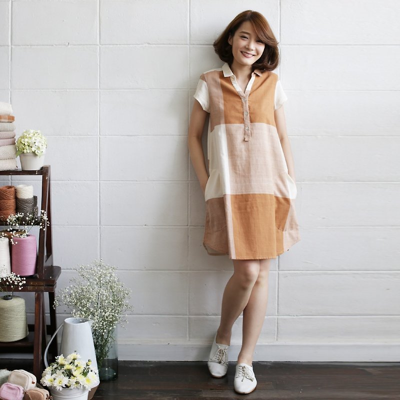 手工棉製可愛連身裙-天然植物染-褐色 - 洋裝/連身裙 - 棉．麻 咖啡色
