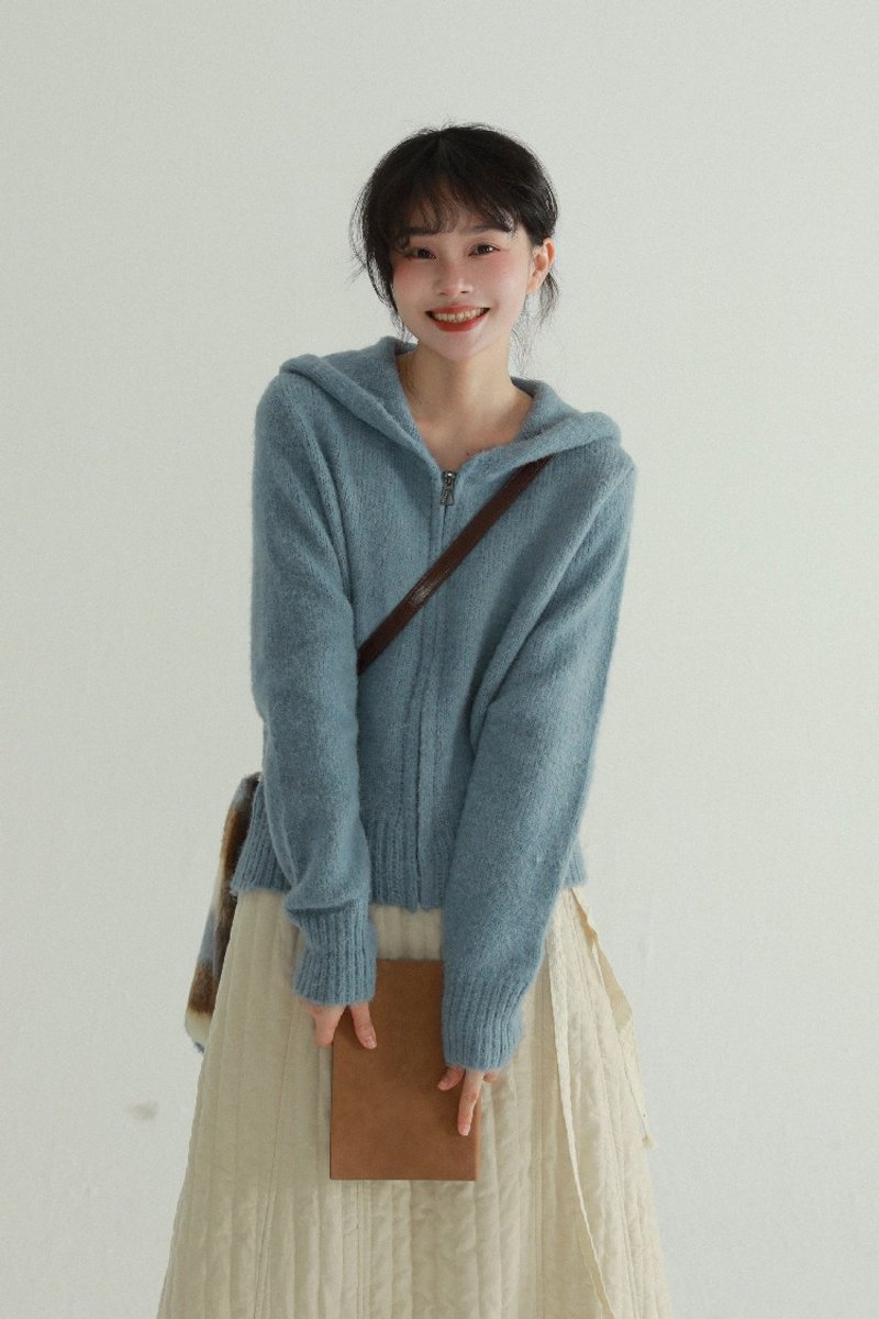 Matte blue hooded short cardigan casual simple slim fit top knitted sweater jacket - Women's Sweaters - Polyester Blue