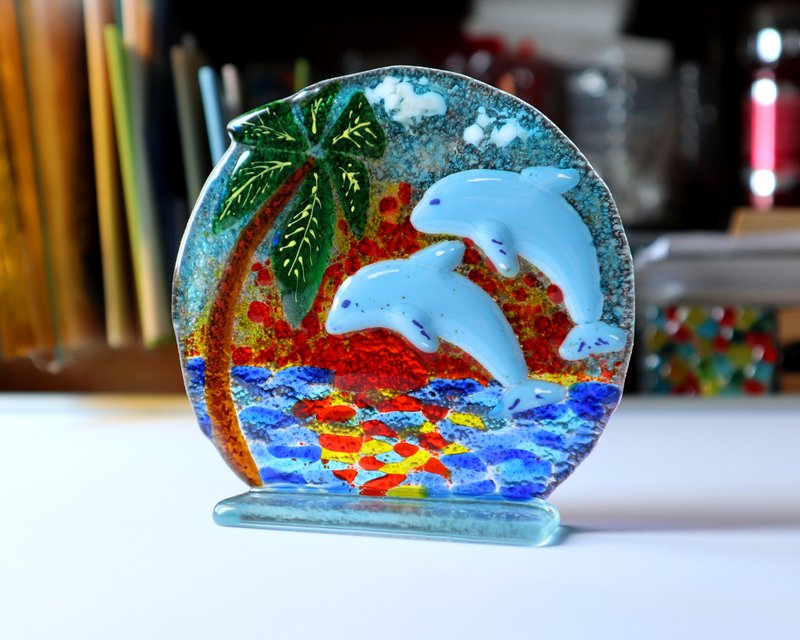 Fused glass Dolphins, sun catcher round table panel, gift for the sailor. - Items for Display - Glass Blue