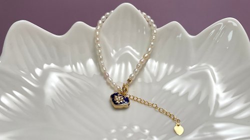 Athena珍珠設計 蓮花 天然淡水小米珍珠 景泰藍 手鏈