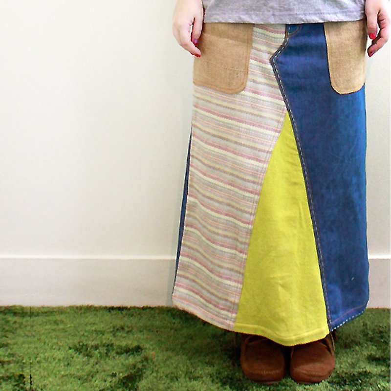 ☆ Hammock ☆ 彡 Denim patchwork long skirt - กระโปรง - ผ้าฝ้าย/ผ้าลินิน สีน้ำเงิน