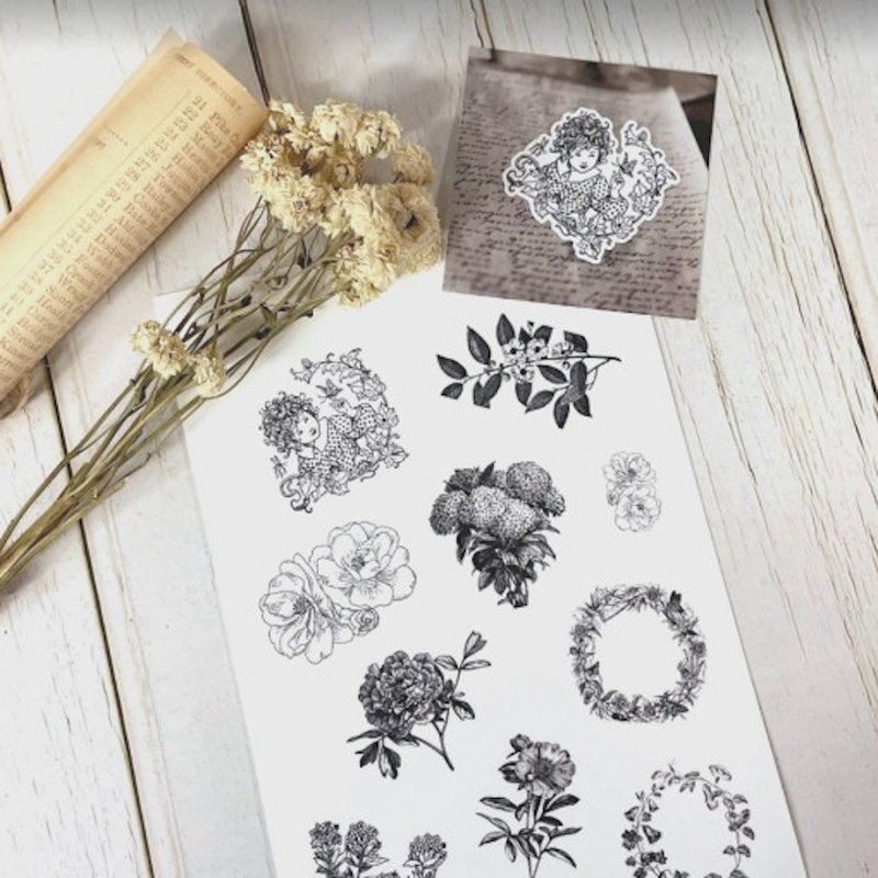 Black-and-white vintage object white flower stickers - 貼紙 - 紙 白色